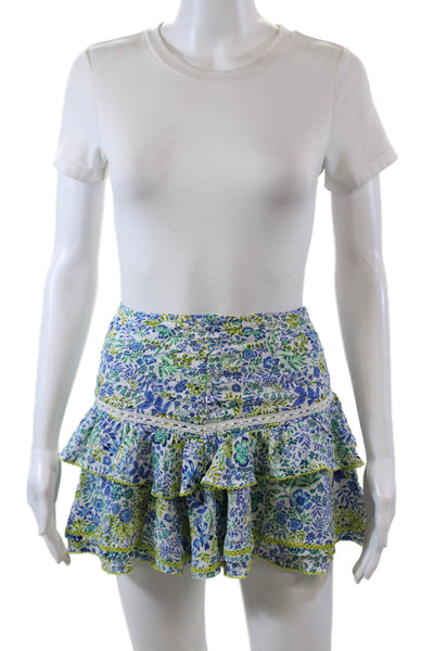 Poupette St. Barth Womens Smocked Floral Tiered Mini Skirt White Multi Size XS