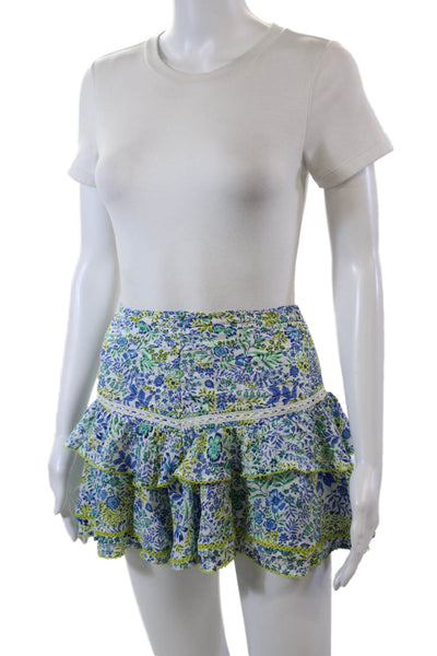 Poupette St. Barth Womens Smocked Floral Tiered Mini Skirt White Multi Size XS