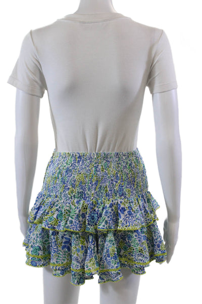 Poupette St. Barth Womens Smocked Floral Tiered Mini Skirt White Multi Size XS
