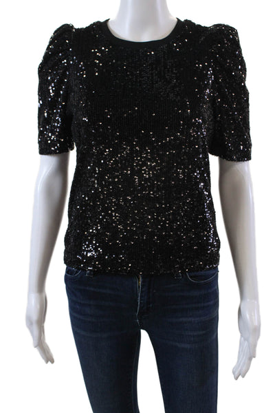 Generation Love Womens Short Sleeve Crew Neck Sequin Knit Shirt Black Size 2XS