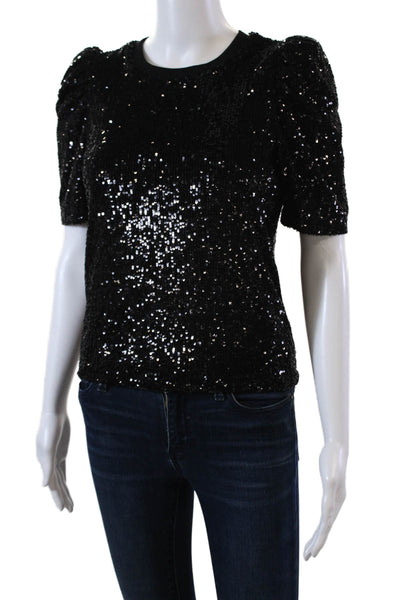 Generation Love Womens Short Sleeve Crew Neck Sequin Knit Shirt Black Size 2XS