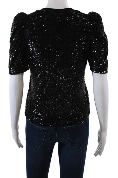 Generation Love Womens Short Sleeve Crew Neck Sequin Knit Shirt Black Size 2XS