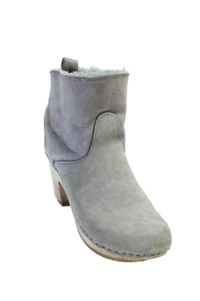 Designer Womens Suede Fuzzy Lined Wooden Heels Ankle Boots Shoes Gray Size 10