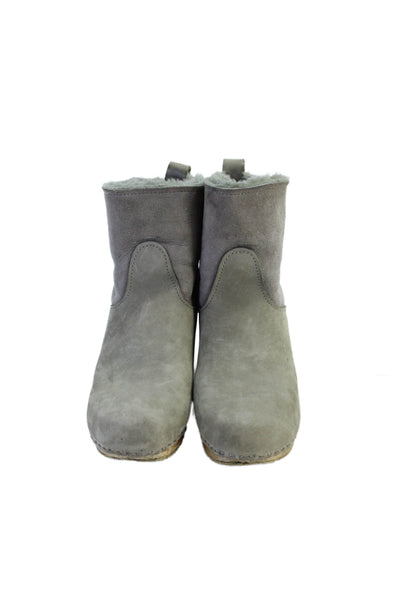 Designer Womens Suede Fuzzy Lined Wooden Heels Ankle Boots Shoes Gray Size 10