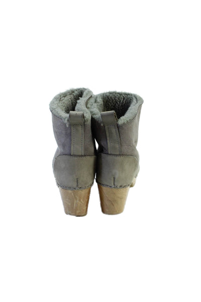 Designer Womens Suede Fuzzy Lined Wooden Heels Ankle Boots Shoes Gray Size 10