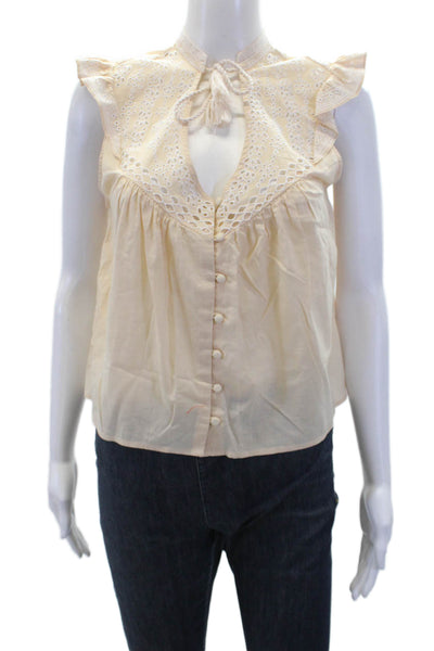 Intermix Womens Cotton Sleeveless Tassel Tie Eyelet Detail Blouse Beige Size P