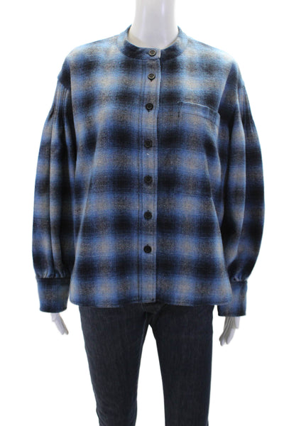 Rebecca Minkoff Womens Plaid Balloon Sleeve Buttoned Jacket Blue Size XS