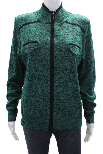 Exclusively Misook Womens Full Zip Mock Neck Padded Shoulder Jacket Green Size M