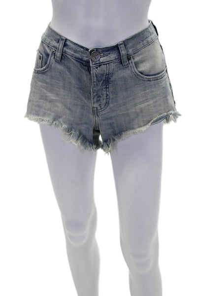 One Teaspoon Womens Frayed Buttoned Low-Rise Denim Shorts Blue Size 24