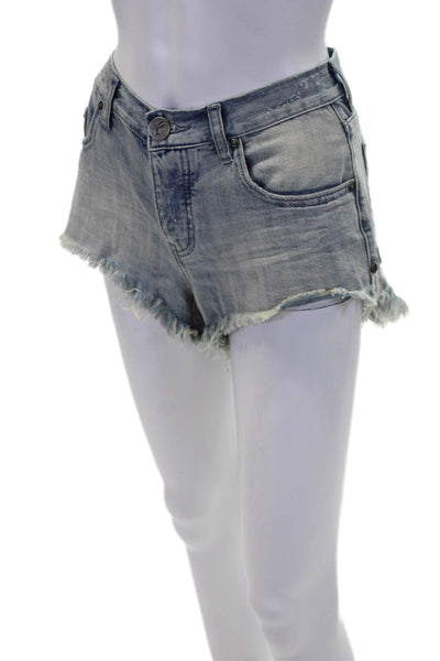 One Teaspoon Womens Frayed Buttoned Low-Rise Denim Shorts Blue Size 24