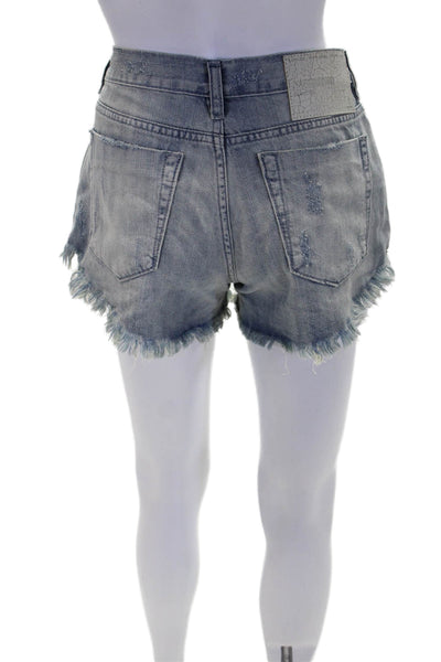 One Teaspoon Womens Frayed Buttoned Low-Rise Denim Shorts Blue Size 24
