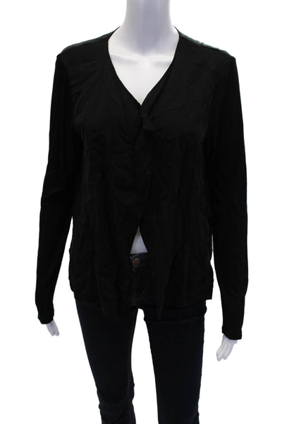 Lola And Sophie Womens Textured Long Sleeve Open Front Ruffle Blouse Black Size