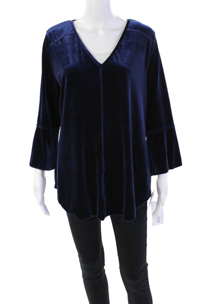Snoskins Womens Velvet V-Neck Long Sleeve Pullover Blouse Top Blue Size L