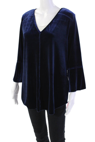 Snoskins Womens Velvet V-Neck Long Sleeve Pullover Blouse Top Blue Size L
