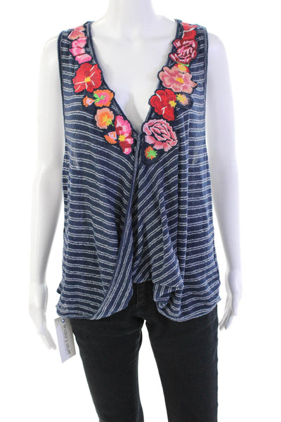 Free People Womens Cotton Blend Floral Embroidered V-Neck Tank Top Blue Size M