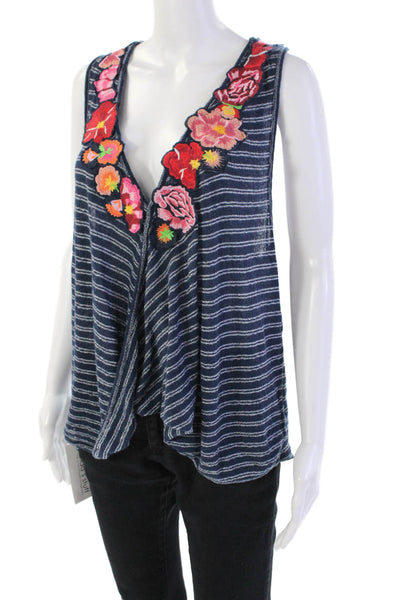 Free People Womens Cotton Blend Floral Embroidered V-Neck Tank Top Blue Size M