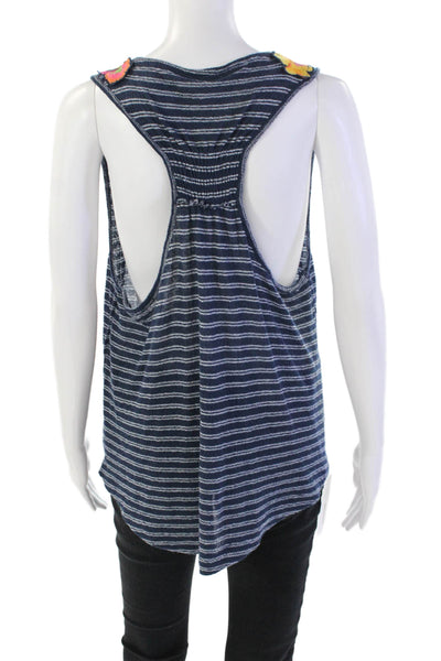 Free People Womens Cotton Blend Floral Embroidered V-Neck Tank Top Blue Size M
