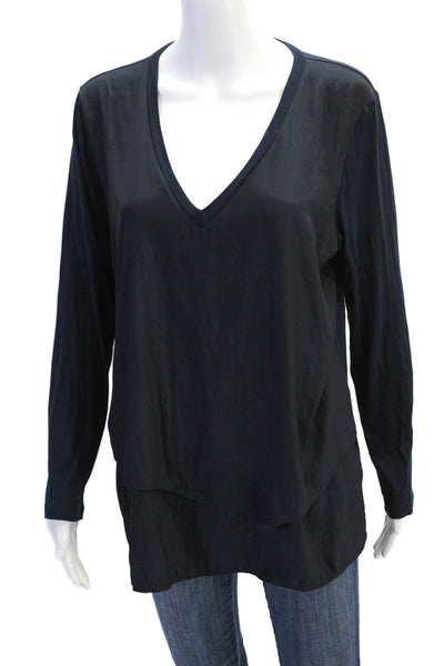 Lola & Sophie Womens V-Neck Long Sleeve Pullover Blouse Top Navy Size L