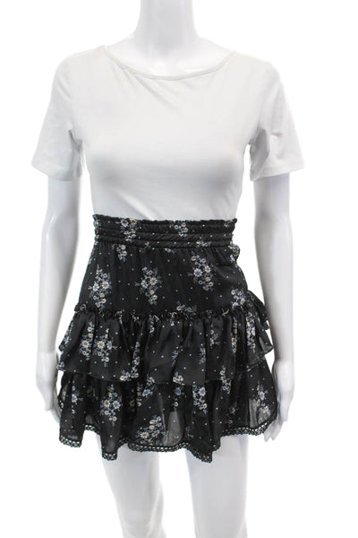 Misa Womens Smocked Waistband Satin Dotted Floral A Line Skirt Black Size XS