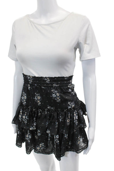 Misa Womens Smocked Waistband Satin Dotted Floral A Line Skirt Black Size XS