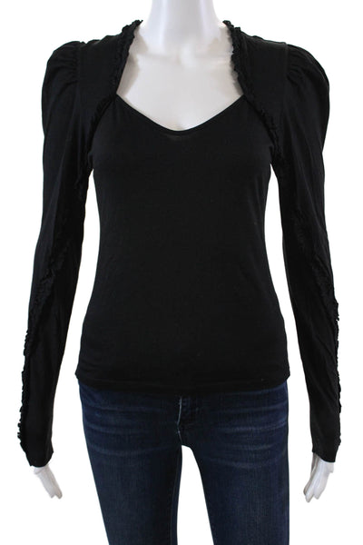 Generation Love Womens Long Sleeve V Neck Ruffled Trim Shirt Black Size 2XS