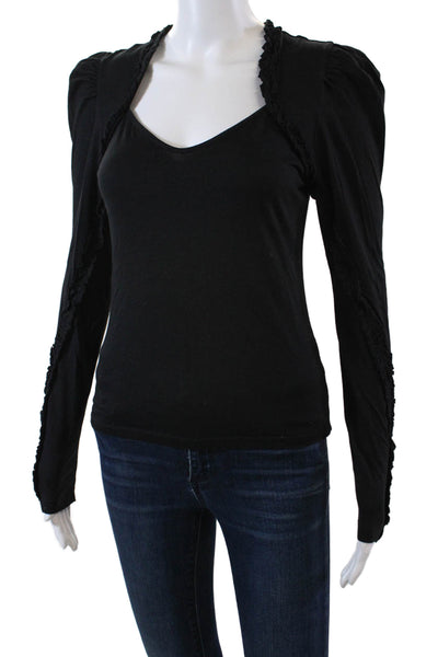 Generation Love Womens Long Sleeve V Neck Ruffled Trim Shirt Black Size 2XS