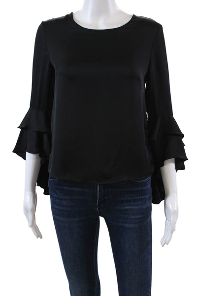 Milly Womens Long Flare Sleeve Scoop Neck Silk Blouse Black Size 0