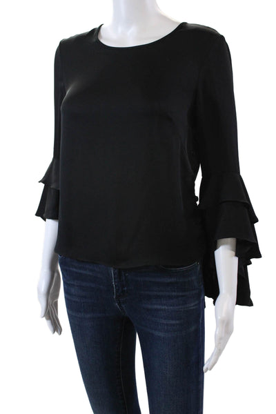 Milly Womens Long Flare Sleeve Scoop Neck Silk Blouse Black Size 0