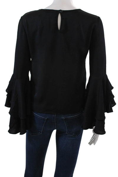 Milly Womens Long Flare Sleeve Scoop Neck Silk Blouse Black Size 0