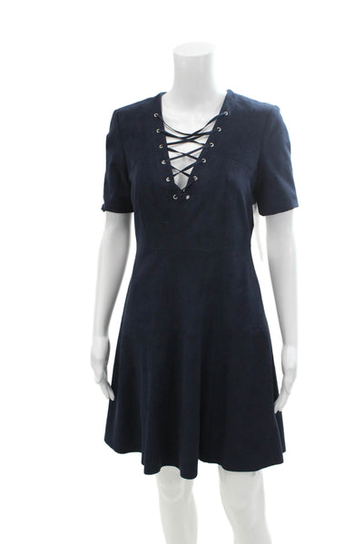 Belle Badgley Mischka Womens Short Sleeve Lace-Up Mini Dress Blue Size S