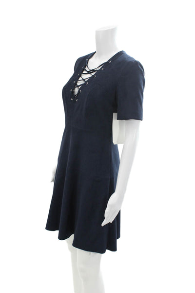 Belle Badgley Mischka Womens Short Sleeve Lace-Up Mini Dress Blue Size S