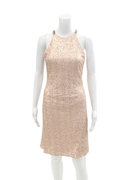 Badgley Mischka Womens Sequined Halter Neck Sleeveless Mini Dress Pink Size 4