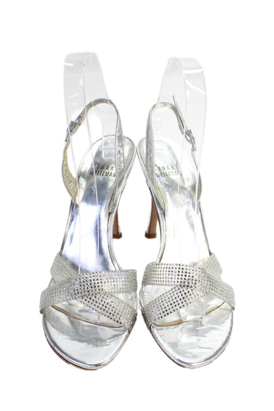 Stuart Weitzman Womens Textured Sling Back Rhinestone Strap Heels Silver Tone Sz