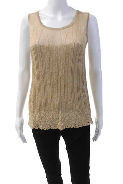 Odille Anthropologie Womens Beaded Sleeveless Tank Top Beige Size Medium