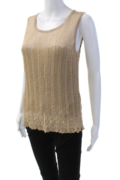 Odille Anthropologie Womens Beaded Sleeveless Tank Top Beige Size Medium