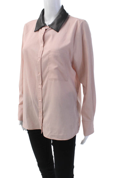 As by Df Womens Leather Collar Long Sleeves Button Down Blouse Pink Size Small