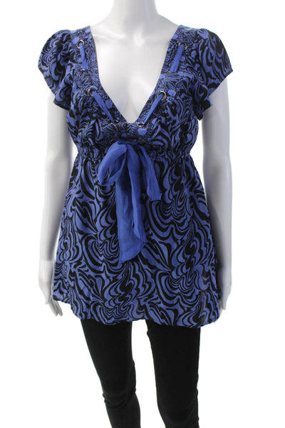 Nanette Lepore Womens Silk Striped Lace Up Neck Blouse Blue Black Size 10