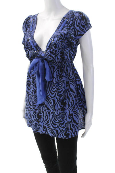 Nanette Lepore Womens Silk Striped Lace Up Neck Blouse Blue Black Size 10