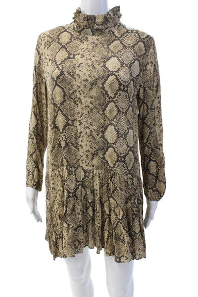 Zara Womens Long Sleeve Crew Neck Snakeskin Shift Dress Brown Size Medium