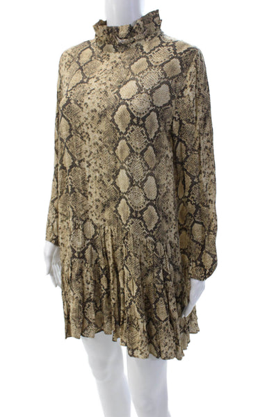 Zara Womens Long Sleeve Crew Neck Snakeskin Shift Dress Brown Size Medium