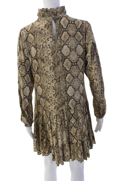 Zara Womens Long Sleeve Crew Neck Snakeskin Shift Dress Brown Size Medium