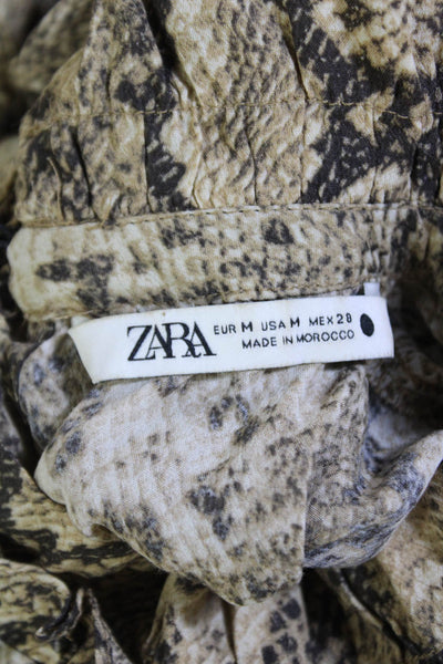 Zara Womens Long Sleeve Crew Neck Snakeskin Shift Dress Brown Size Medium