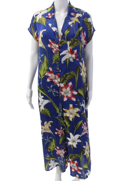 Zara Womens Short Sleeve Collared Floral Jumpsuit Blue Multi Size Small