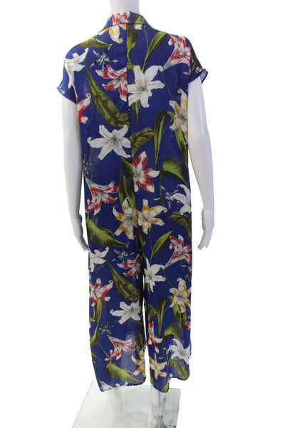 Zara Womens Short Sleeve Collared Floral Jumpsuit Blue Multi Size Small