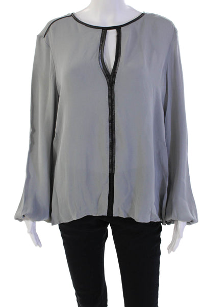 Karina Grimaldi Womens Peasant Sleeve Faux Leather Trim Blouse Gray Size L
