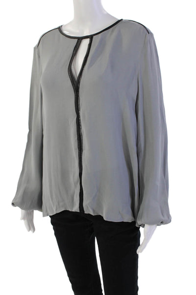 Karina Grimaldi Womens Peasant Sleeve Faux Leather Trim Blouse Gray Size L