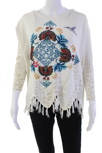 Desigual Womens Pointed Tasseled Trim Floral Bird Motif Top White Size M