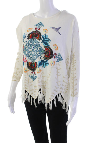 Desigual Womens Pointed Tasseled Trim Floral Bird Motif Top White Size M