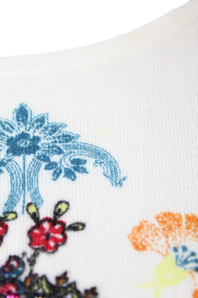 Desigual Womens Pointed Tasseled Trim Floral Bird Motif Top White Size M