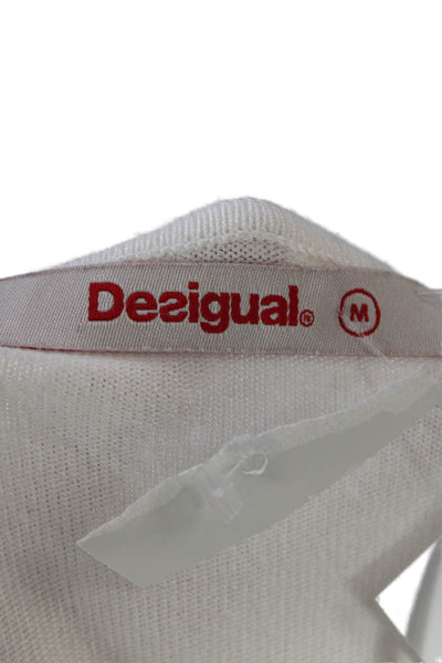 Desigual Womens Pointed Tasseled Trim Floral Bird Motif Top White Size M